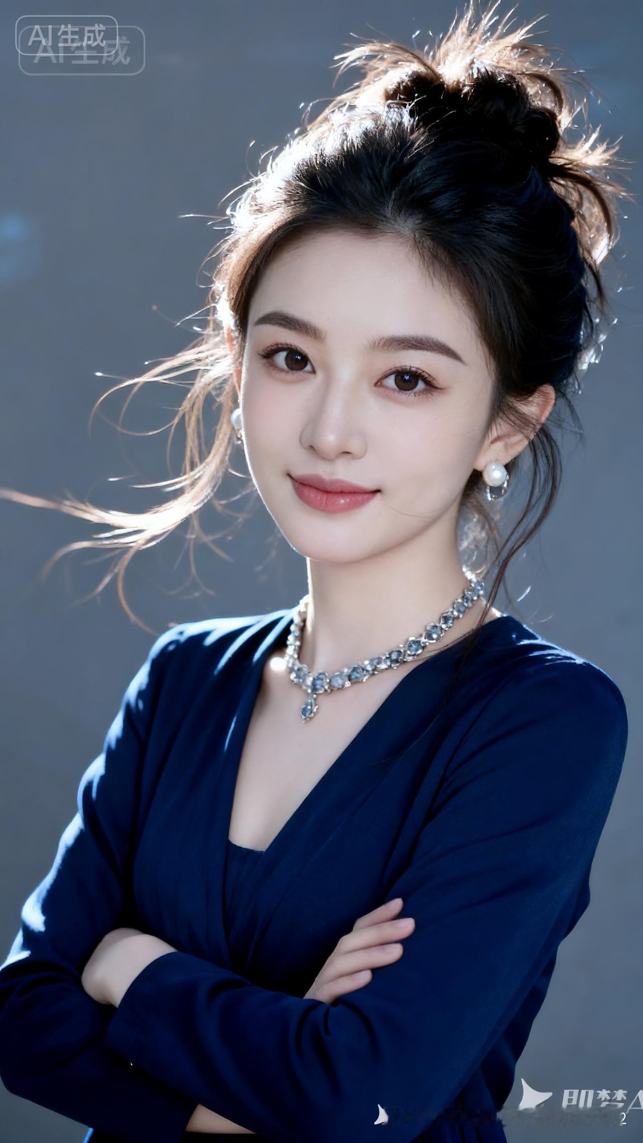 江南绝色少女慧芳，蓬松微乱盘发，冷白陶瓷嫩肌骨相绝佳。深蓝服饰配精致饰件，发丝轻
