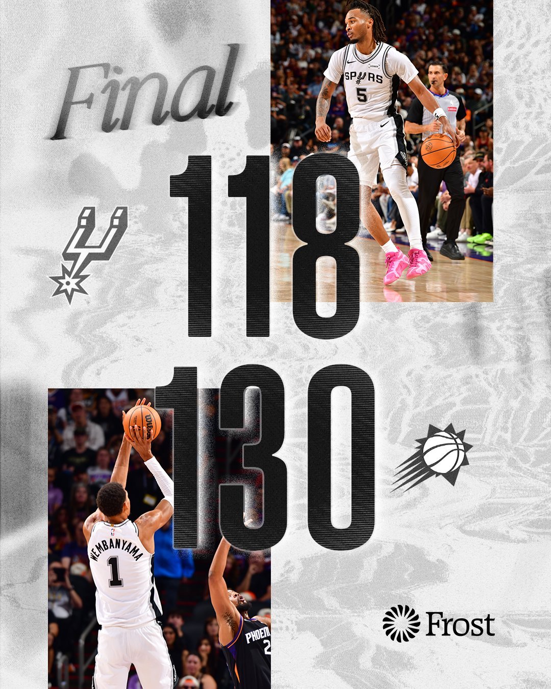 全场比赛结束！马刺客场118-130不敌太阳，终结开季5连胜[柯基]马刺（5-1