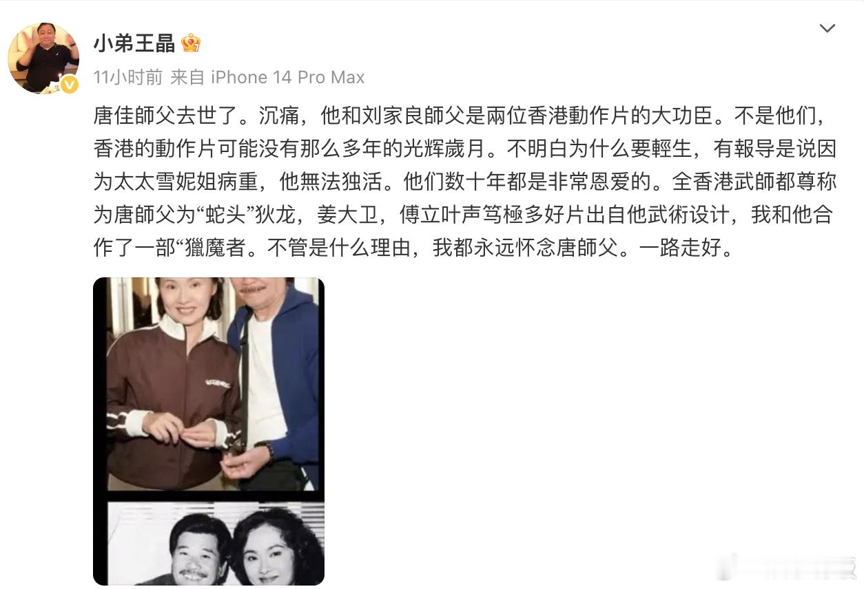王晶蔡少芬发博悼念唐佳 发博悼念近日去世的香港武术指导唐佳，“唐佳師父去世了。沉
