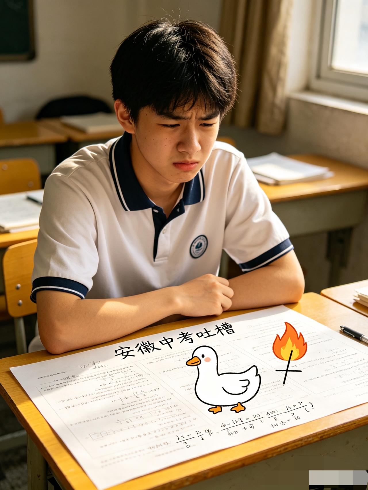 安徽中考吐槽
语文古诗考咏鹅 行
吧嗒吧嗒是啥阴。。

数学选择题考比0小 行