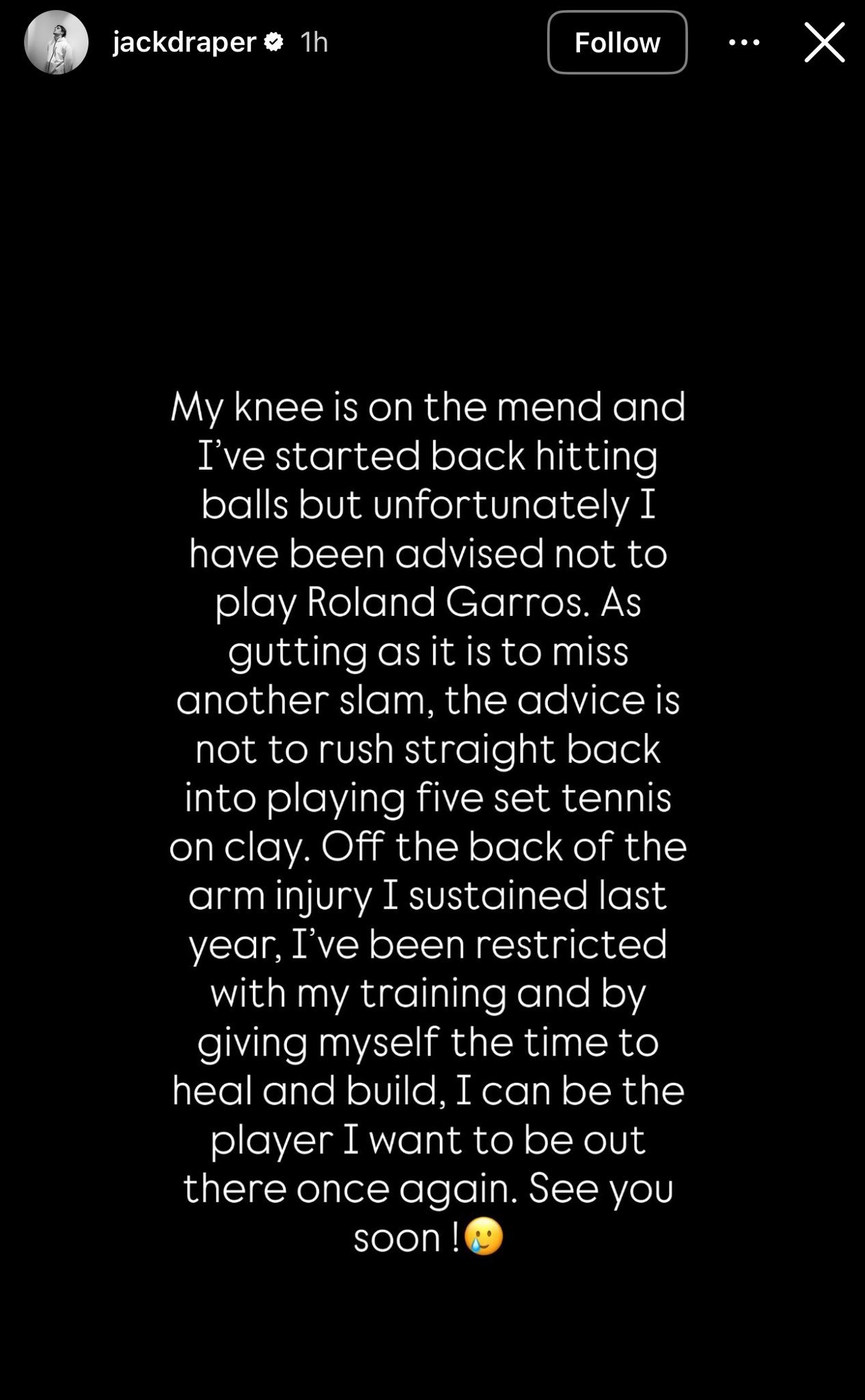 法网2026 德雷珀宣布退出今年的法网大赛“我的膝盖正在康复中，我也已经开始恢复