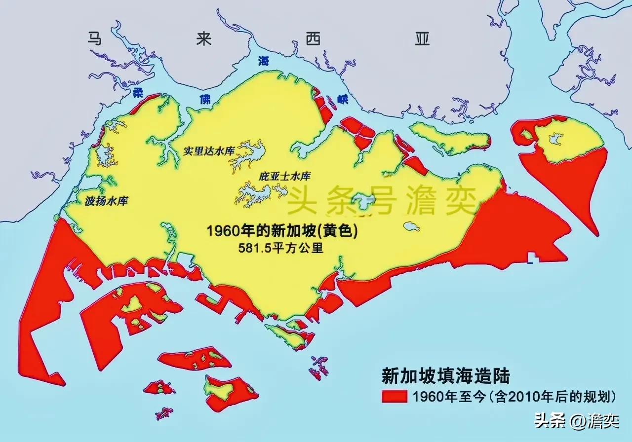 红色是新加坡多年来填海的土地，新加坡从原来五百多平方公里，增长到了如今的七百多平