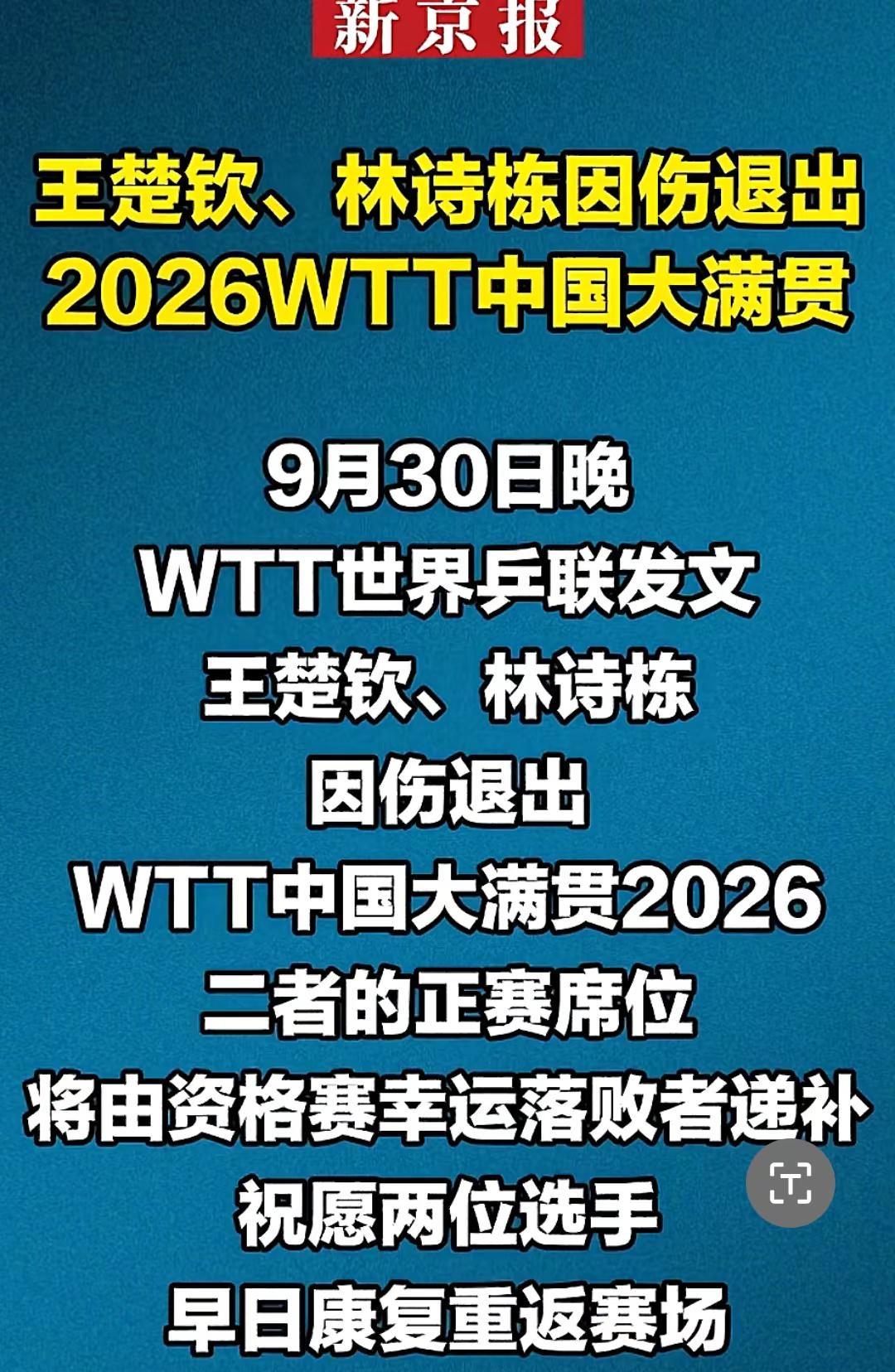王楚钦、林诗栋因伤退出2026WTT.林诗栋 新京报王楚钦、林诗栋因伤退出202