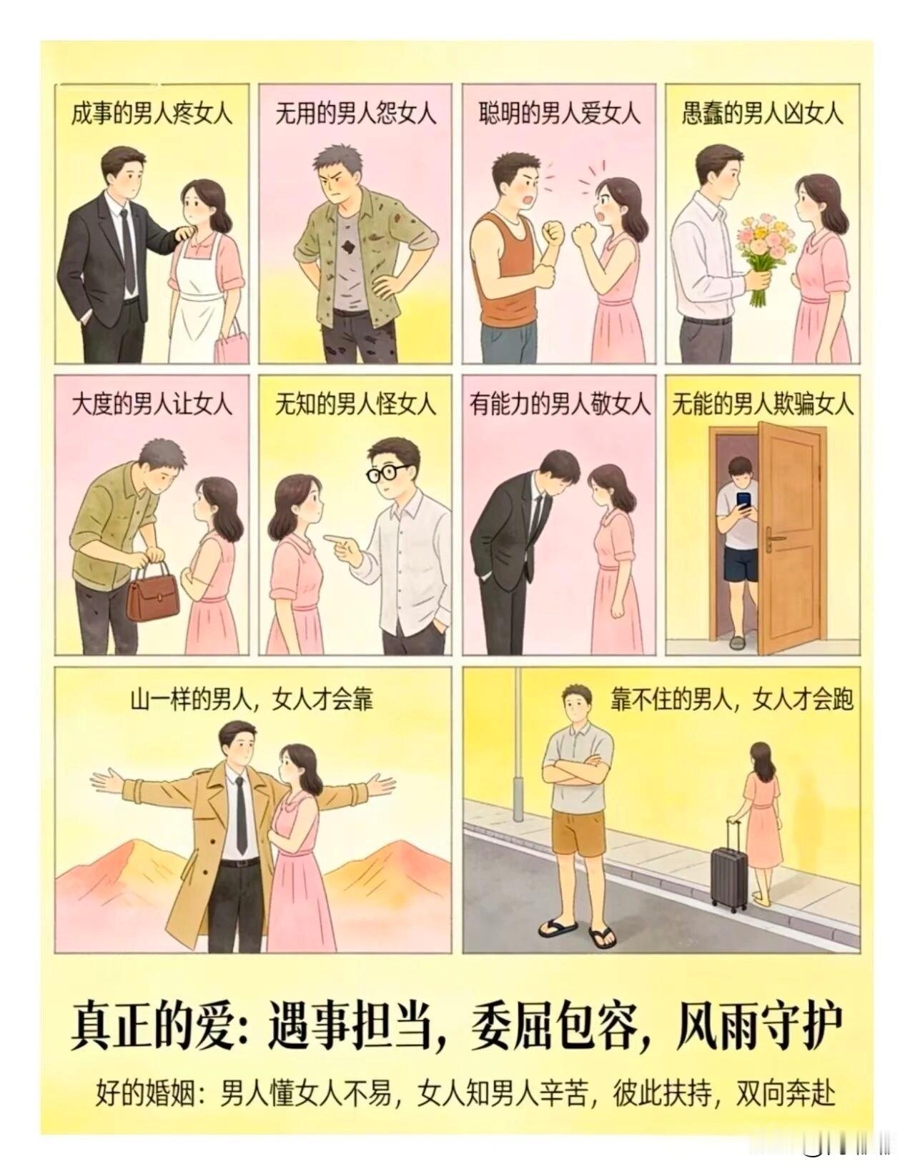 真正的爱：遇事担当，委屈包容，风雨守护。好的婚姻：男人懂女人不易，女人知男人辛苦