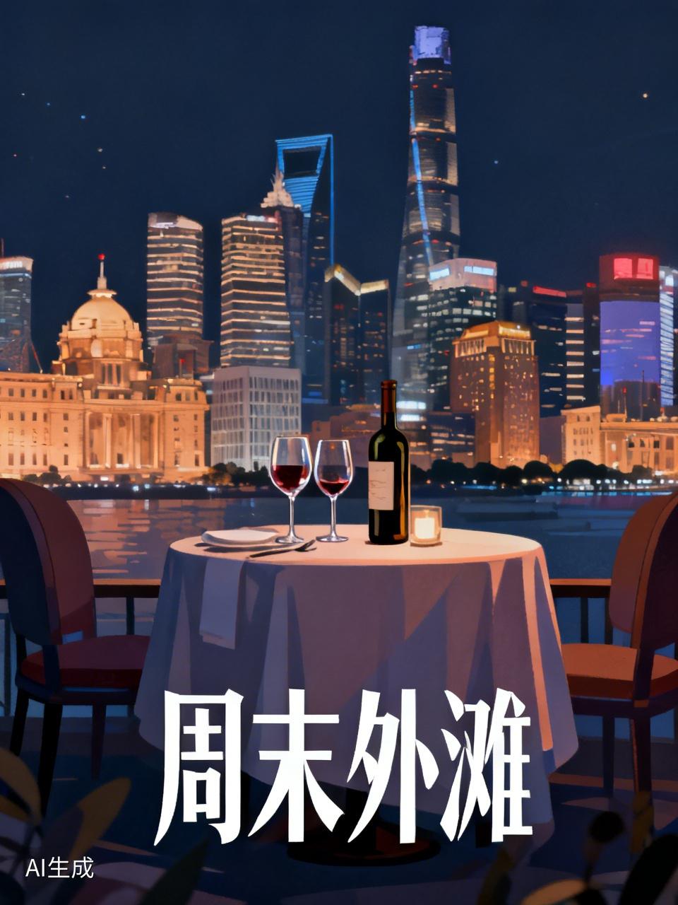 周末餐厅吃个饭，
高楼灯火映外滩。
美景美食两相伴，
丽人悠闲把酒端。