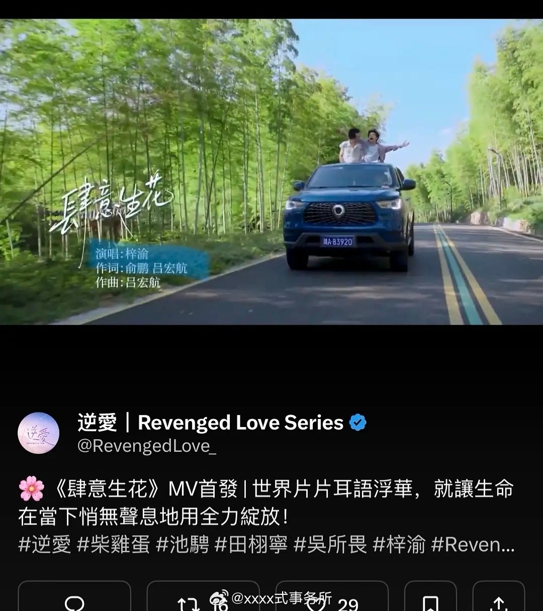 梓渝作为肆意生花剧内原唱至今没有版权，当初过生日因为没有完整唱完肆意生花据说被m