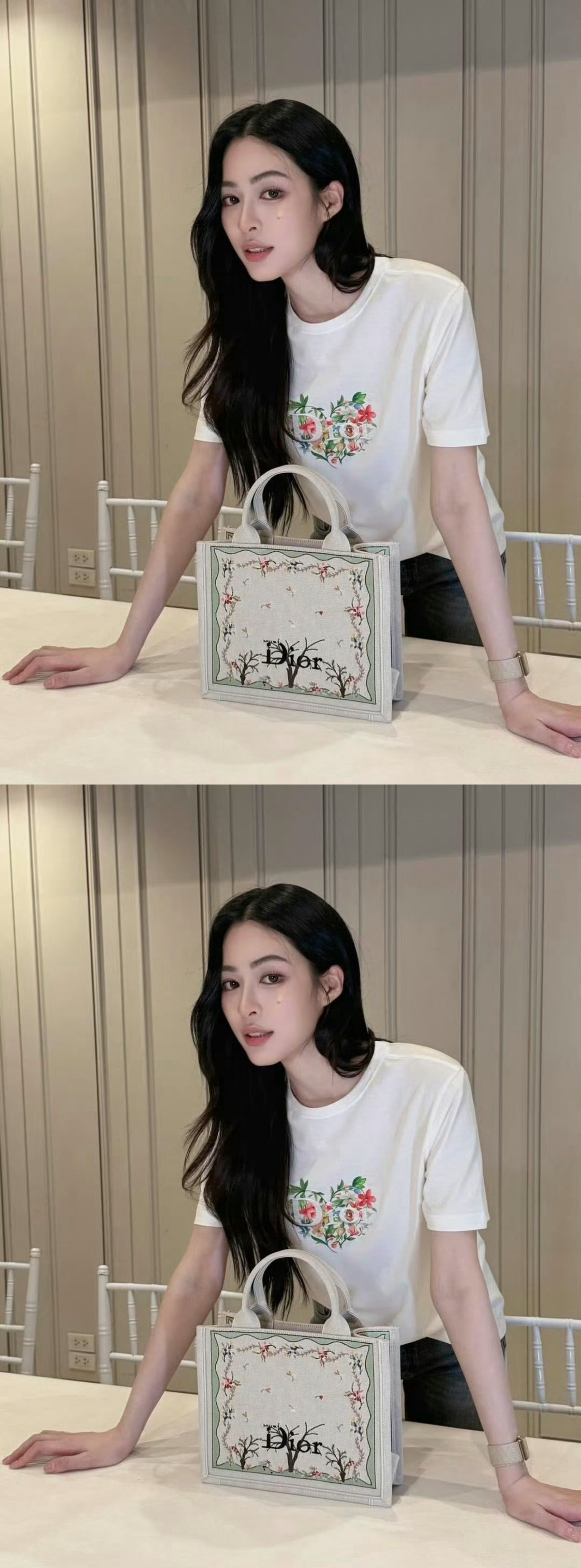 邝玲玲情人节dior大片，头戴印花丝巾好美啊