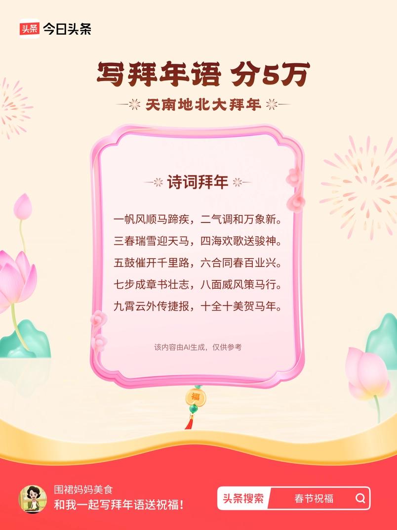 写拜年语送祝福新春拜年送祝福！我的祝福是：“一帆风顺马蹄疾，二气调和万象新。三春