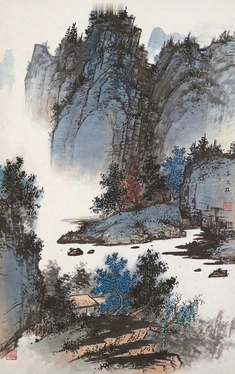 孙天牧的山水那叫一个风格独特，卓然不群！他的画就像一把钥匙，打开了传统山水的新大