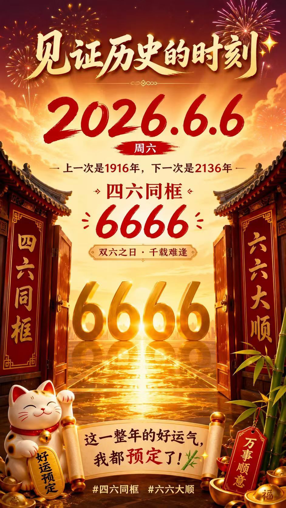 今天这个日子当然要纪念一下啦！接好运！6666～ 
