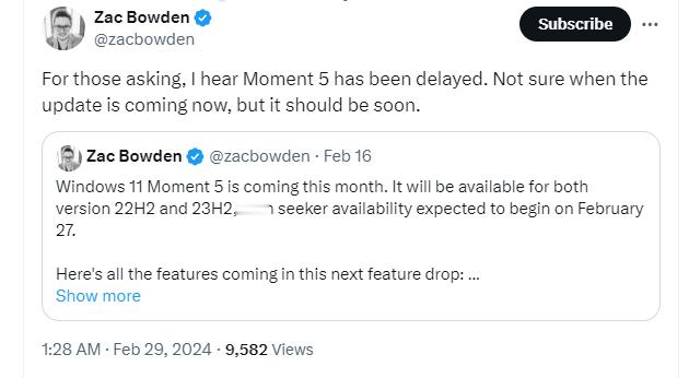 Windows 11 Moment 5 更新已延期，但不会太久。更新推送时，会第
