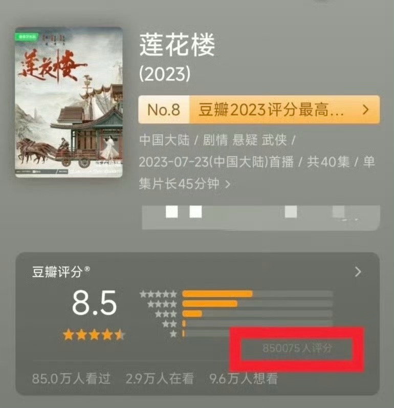 成毅的《莲花楼》评分人数超 85 万，目前8.5分，什么水平？[哆啦A夢吃驚][