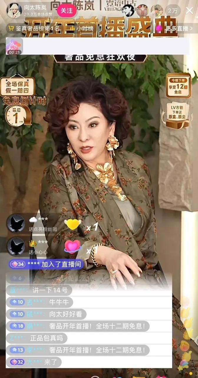 向太稍微一打扮，那真是好看得很在她的直播间里，向太一身珠光宝气地出现，旁边有个美