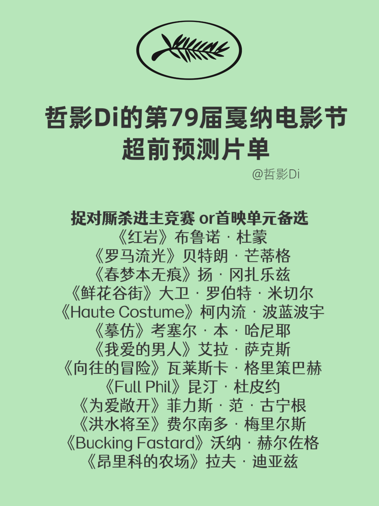 戛纳电影节入围片单预测第79届戛纳电影节将于今年5月12日-23日举行，作为当今
