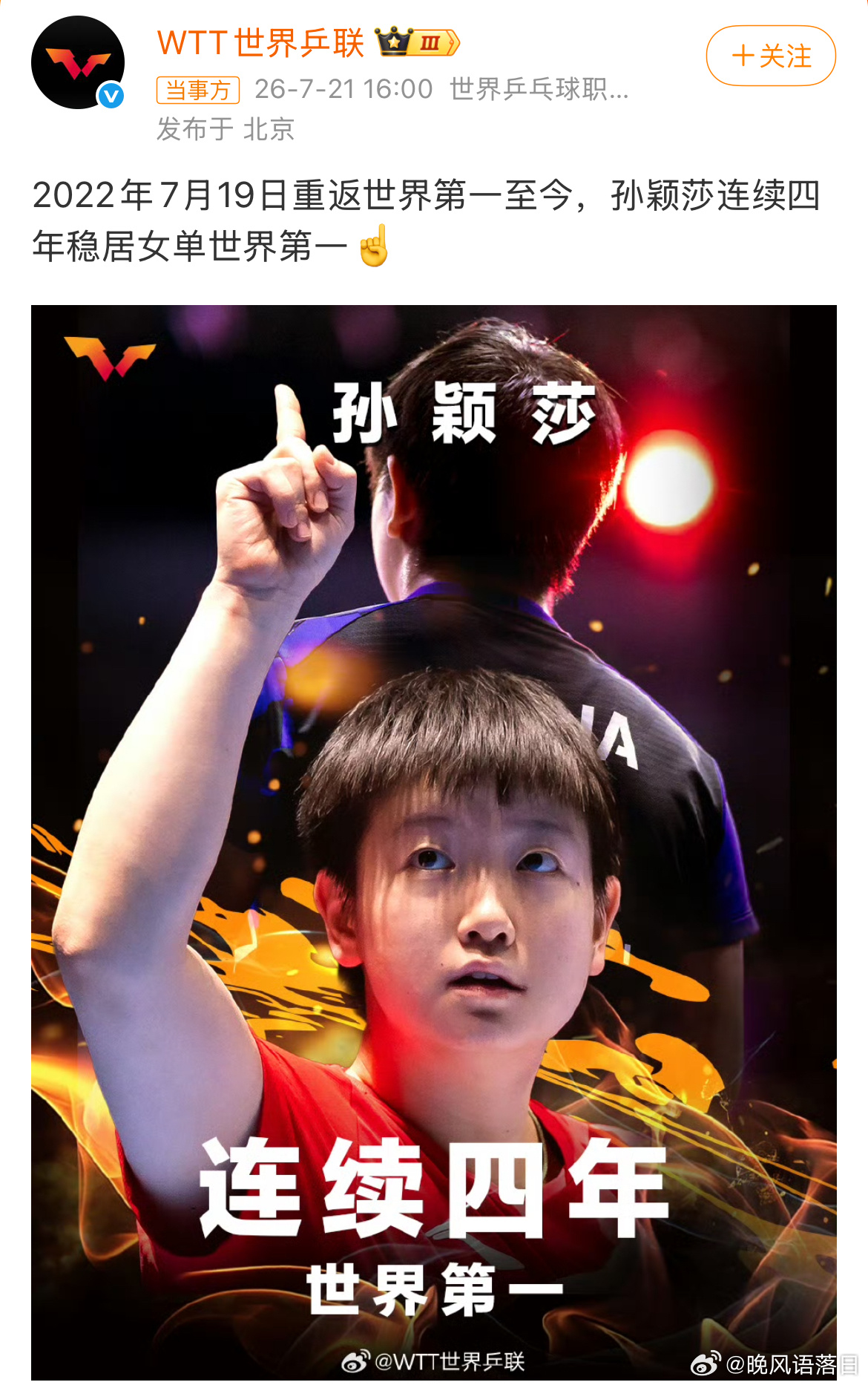 孙颖莎连续四年稳居女单世界第一“2022年7月19日孙颖莎重返世界第一至今，连续
