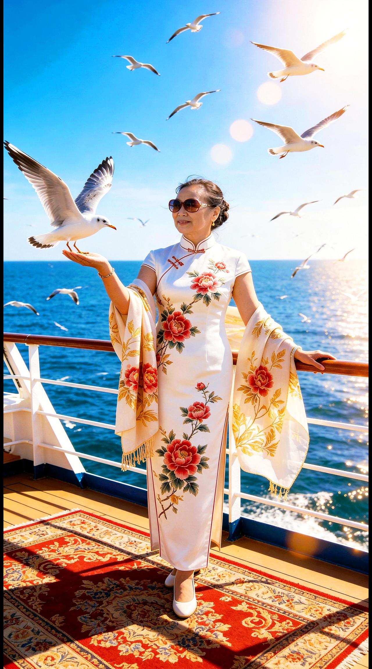 海鸥掠过天际，海风轻拂衣角，邮轮上的旗袍写真如诗般展开。蔚蓝的海水与洁白的海鸥交