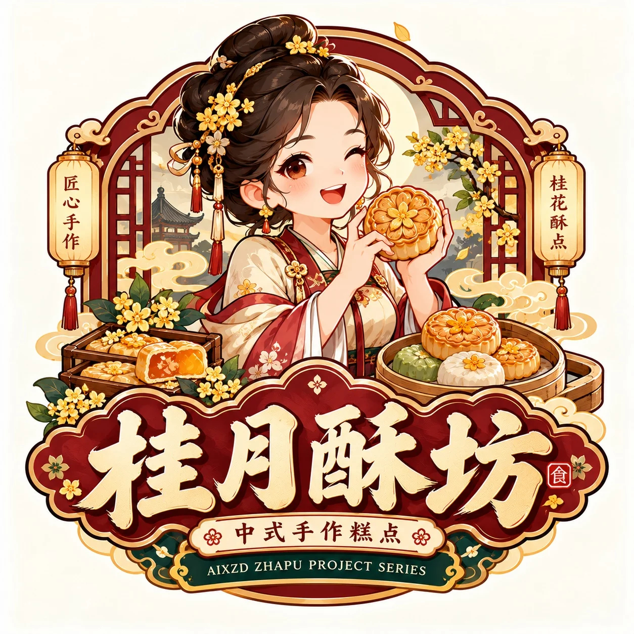 一套美食品牌LOGO！山形牌匾更有东方韵味提示词：设计一枚具有成熟中式面食品牌气