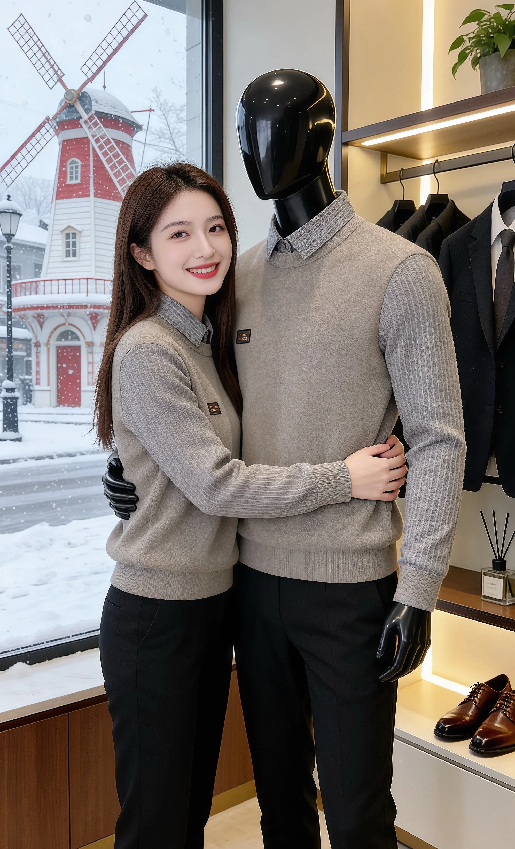 灰调针织衫与雪天镜头  细雪漫过商圈橱窗时，皓明在街对面看见许妍举着相...