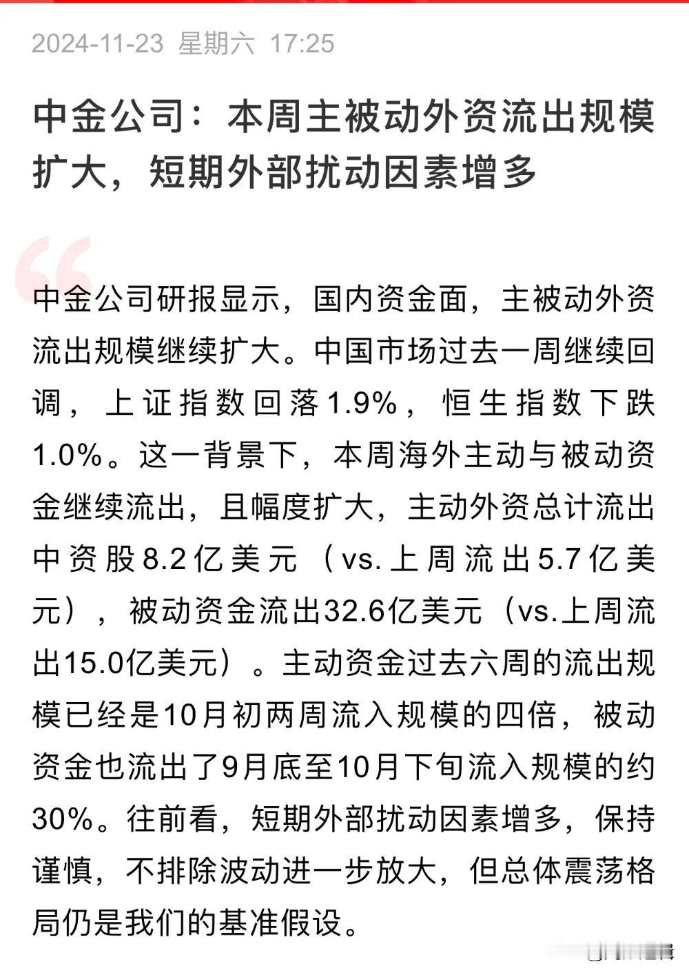 中金指出：本周外资流出规模扩大！看来是外资做空，下周会打爆空头吗？
      