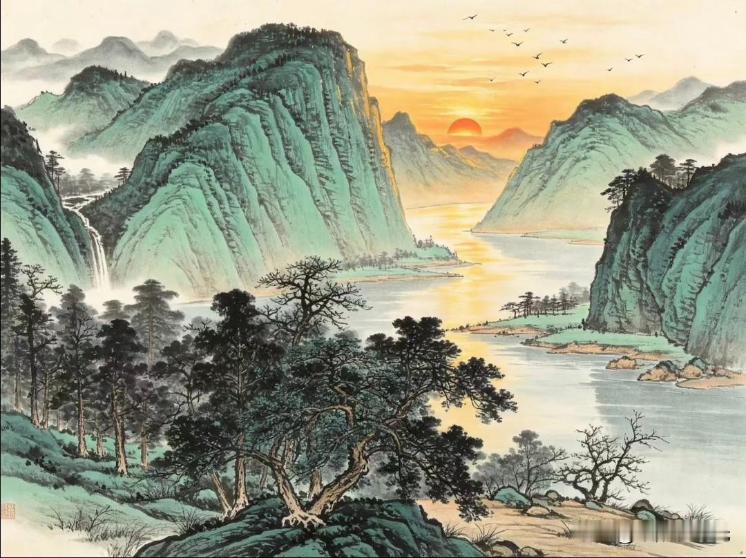 旭日临千嶂，长河入远天
华韵兰香山水国画背景图分享