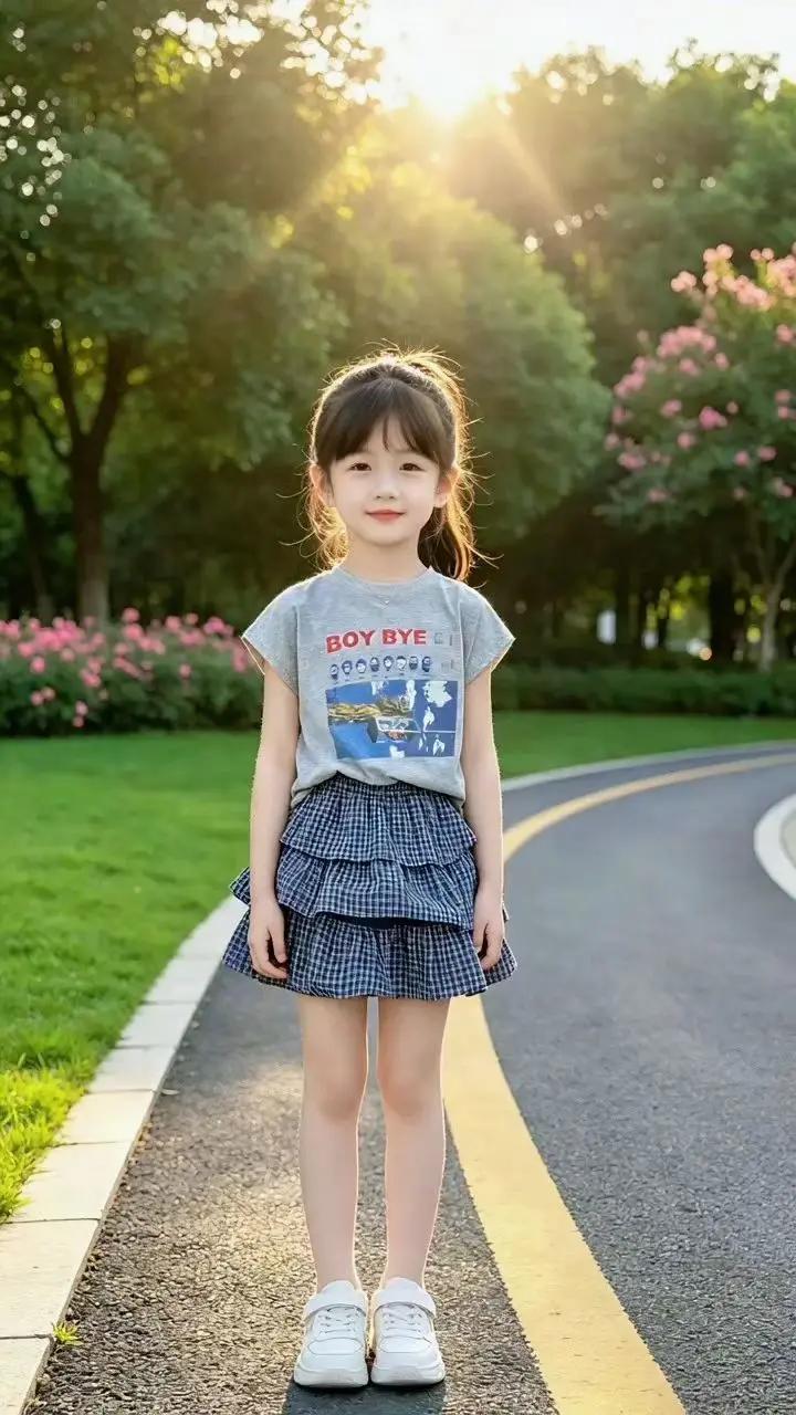 元气女童休闲套装来咯✨。简约印花灰T恤清爽又百搭，上身软乎乎超透气，搭配复古格纹