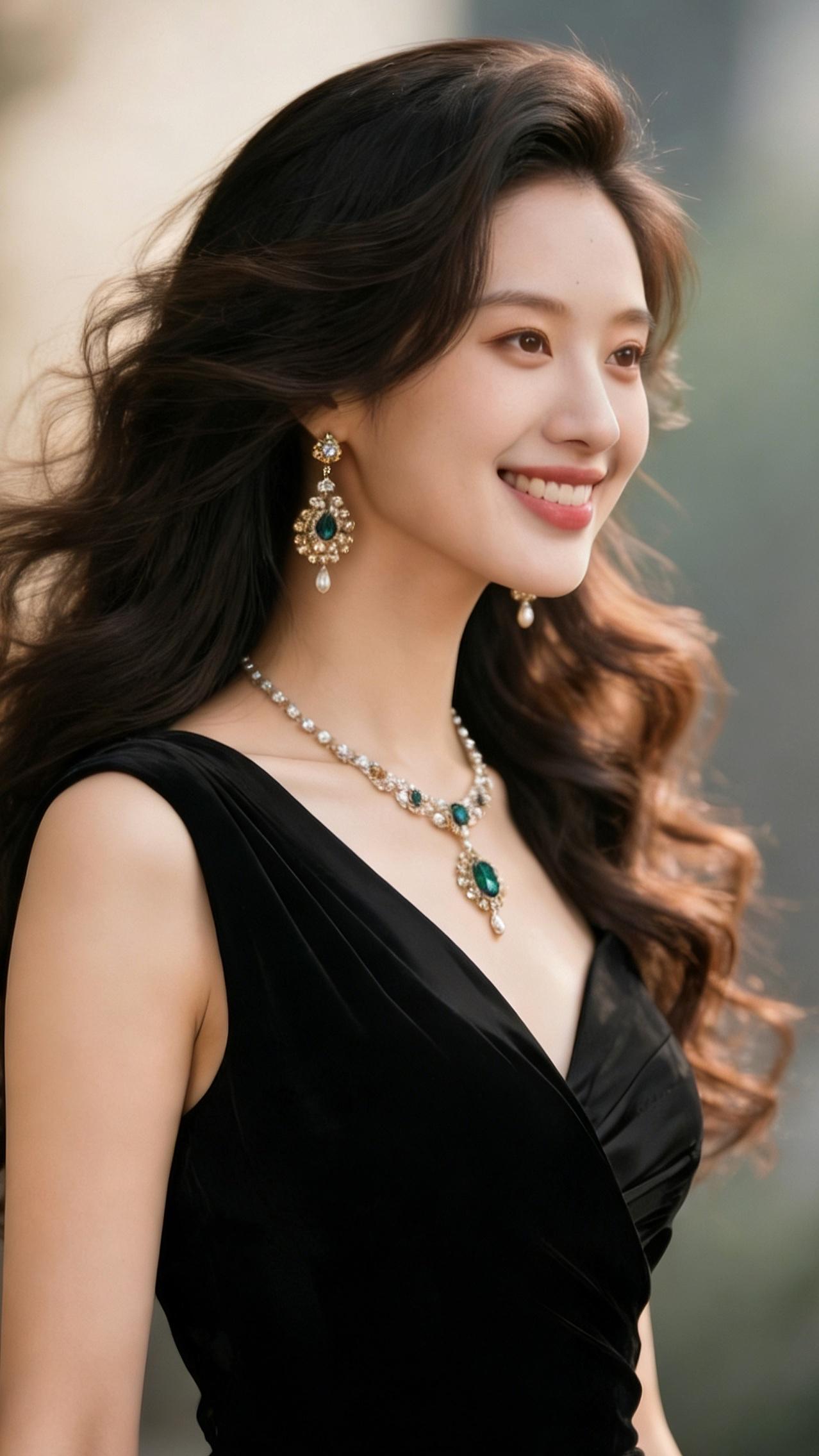 九帧同绘黑衣雅仙。卷发如瀑垂肩，黑礼服/旗袍衬曼妙。宝石项链耳饰耀华，含笑眸藏星