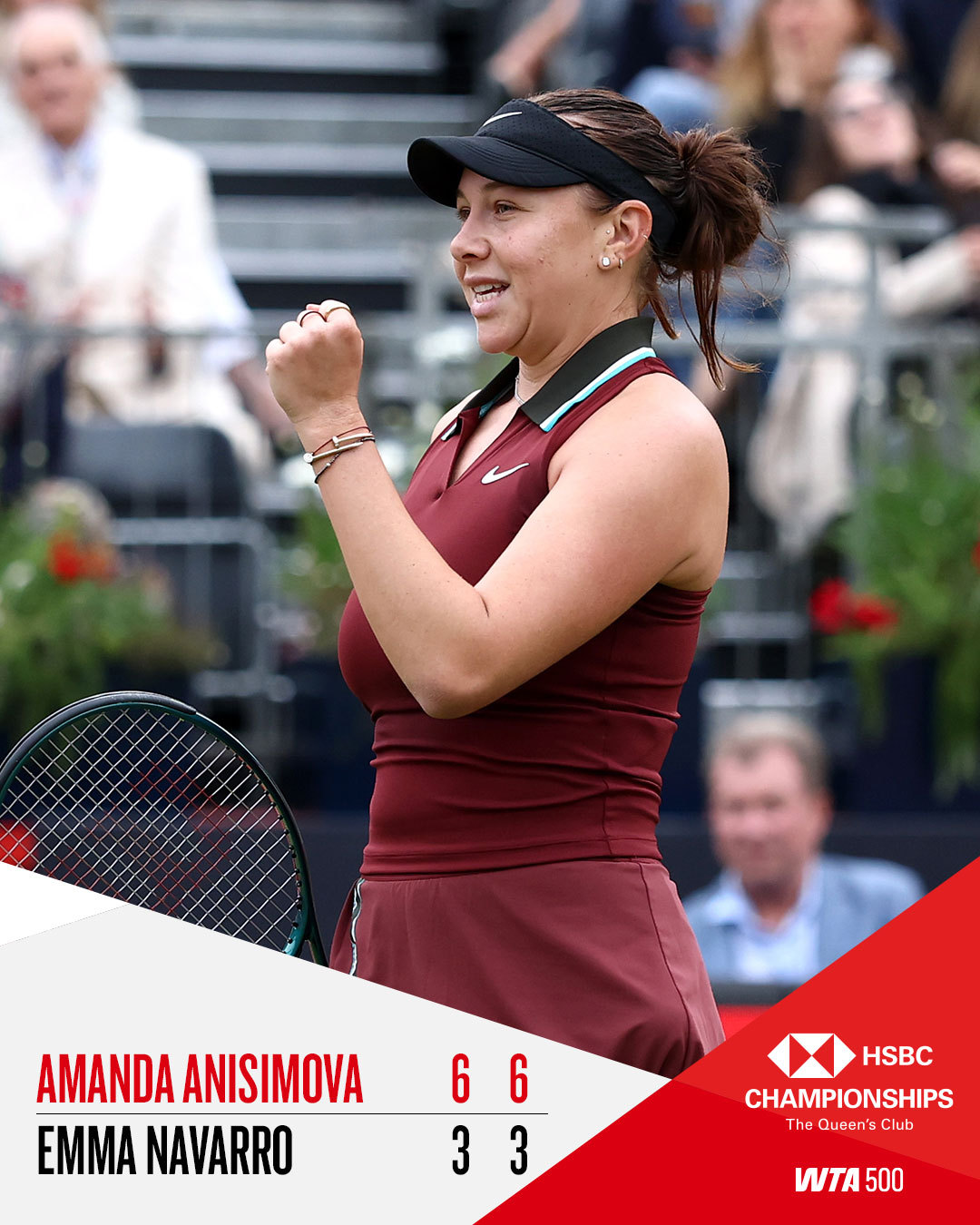 阿尼西莫娃两个6-3力克纳瓦罗，锁定最后一个四强席位。WTA500伦敦半决赛对阵