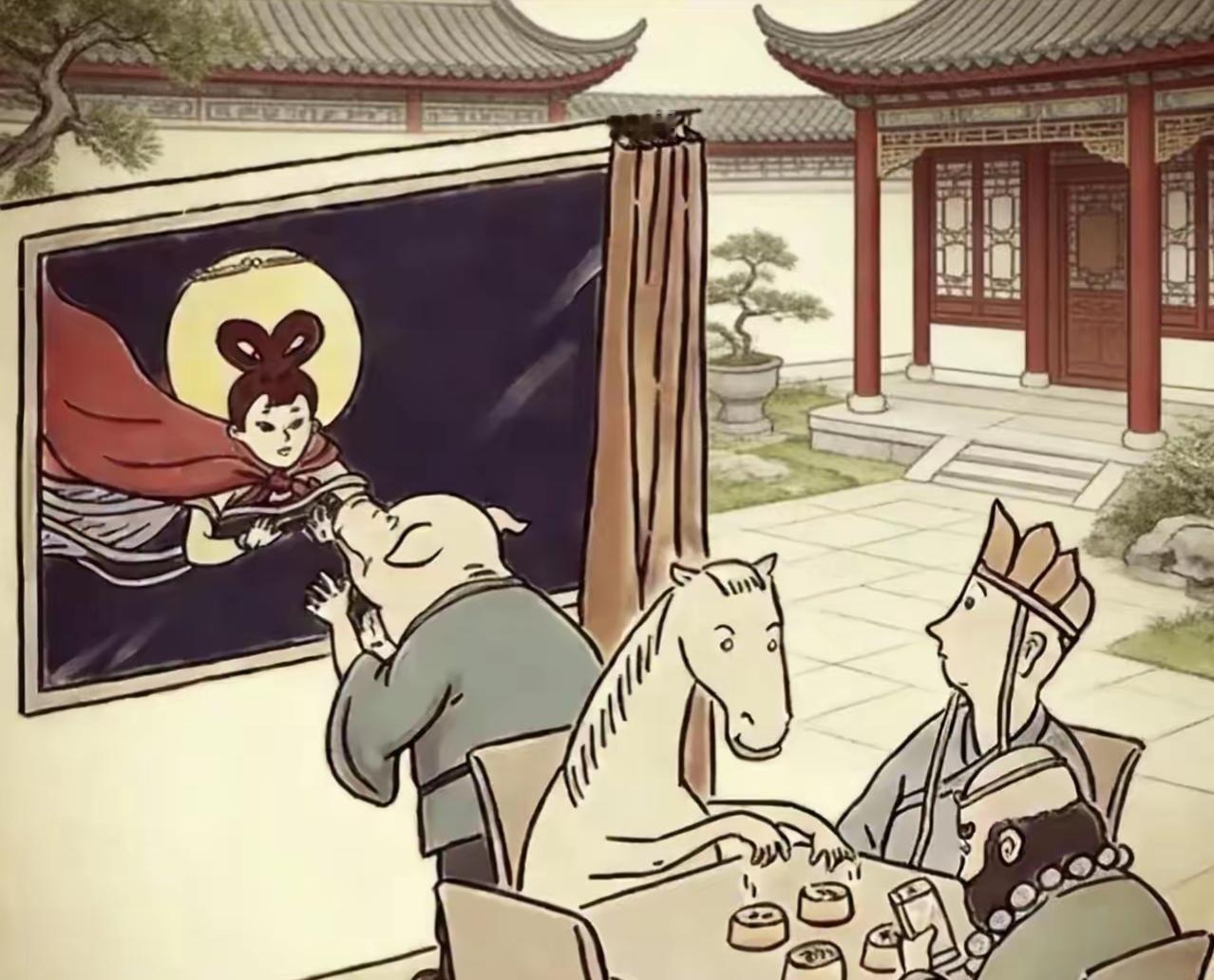 古代人正在看一幅画，画中有个人在空中飞。看插图少了哪位人物，他在什么地方呢？非常