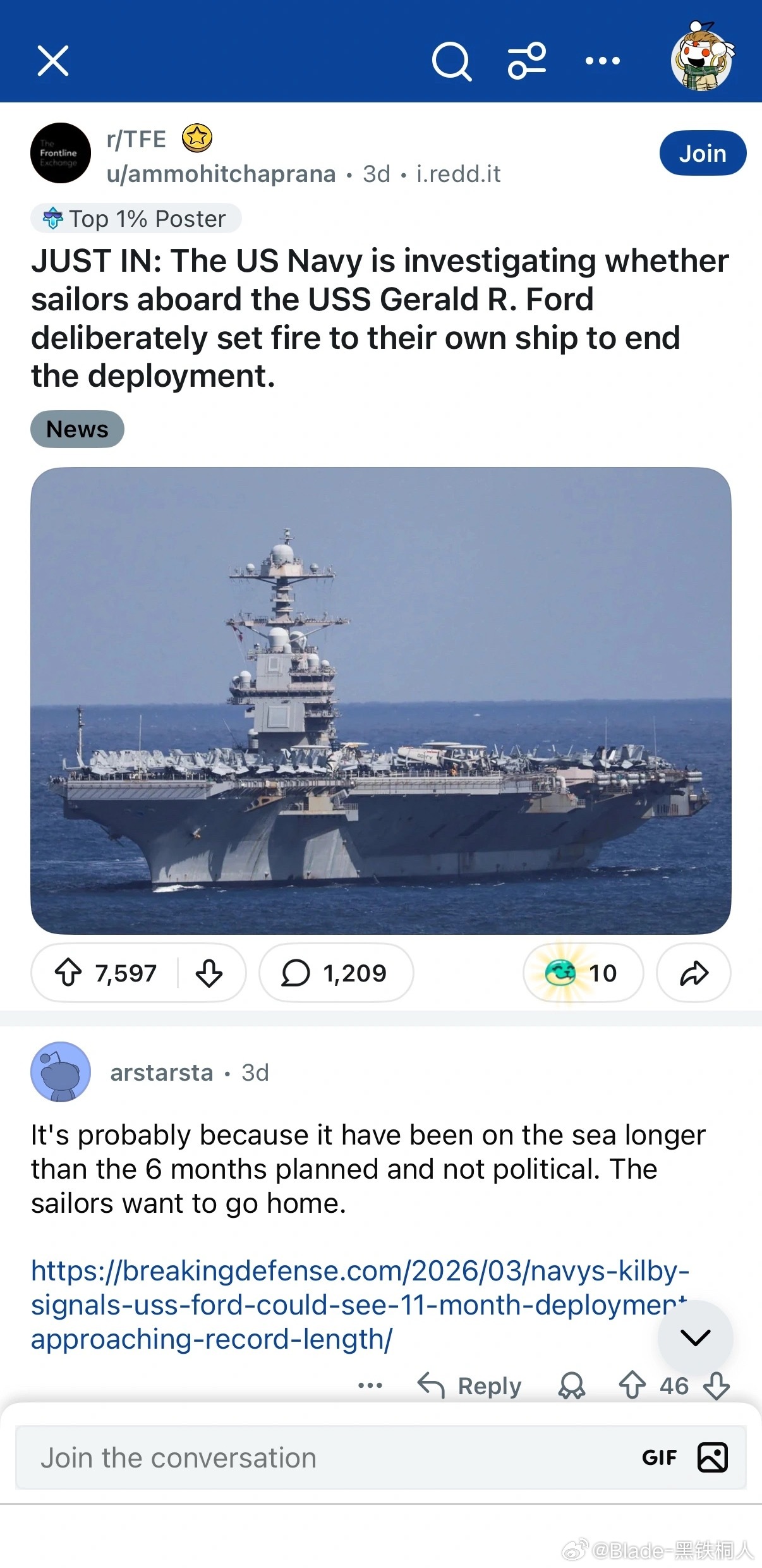 标题：美国海军正在调查福特号航母上的水兵是否是通过故意放火来结束本次部署评论：这