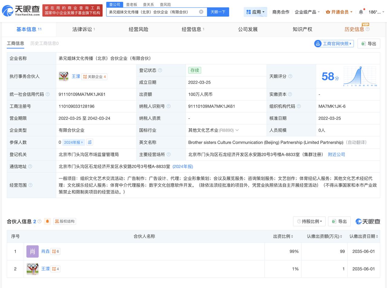 王濛持股公司拟注销

王濛关联公司拟注销
天眼查App显示，近日，弟兄姐妹文化传