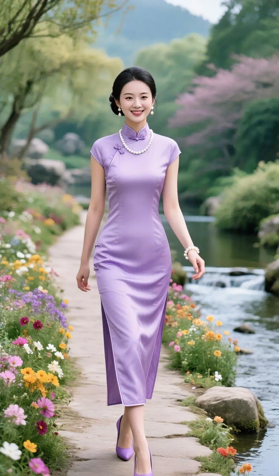 淡紫旗袍摇着光，

珍珠串起笑语扬。

花径溪声两相伴，

山色温柔入衣裳。
