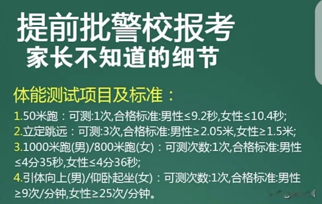 提前批次警校报考，体测项目及标准各位家长和考生必须要清楚。