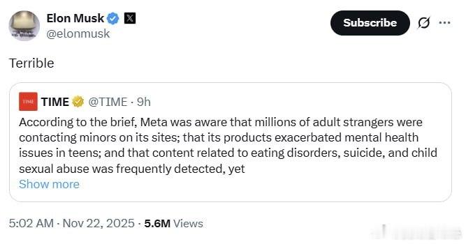 可惡的Meta！馬斯克轉發了這個貼，並且就用一個詞「Terrible」表達對 M