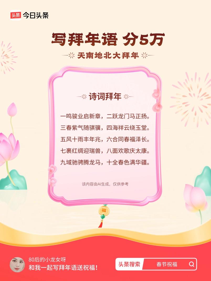写拜年语送祝福新春拜年送祝福！我的祝福是：“一鸣骏业启新章，二跃龙门马正扬。三春