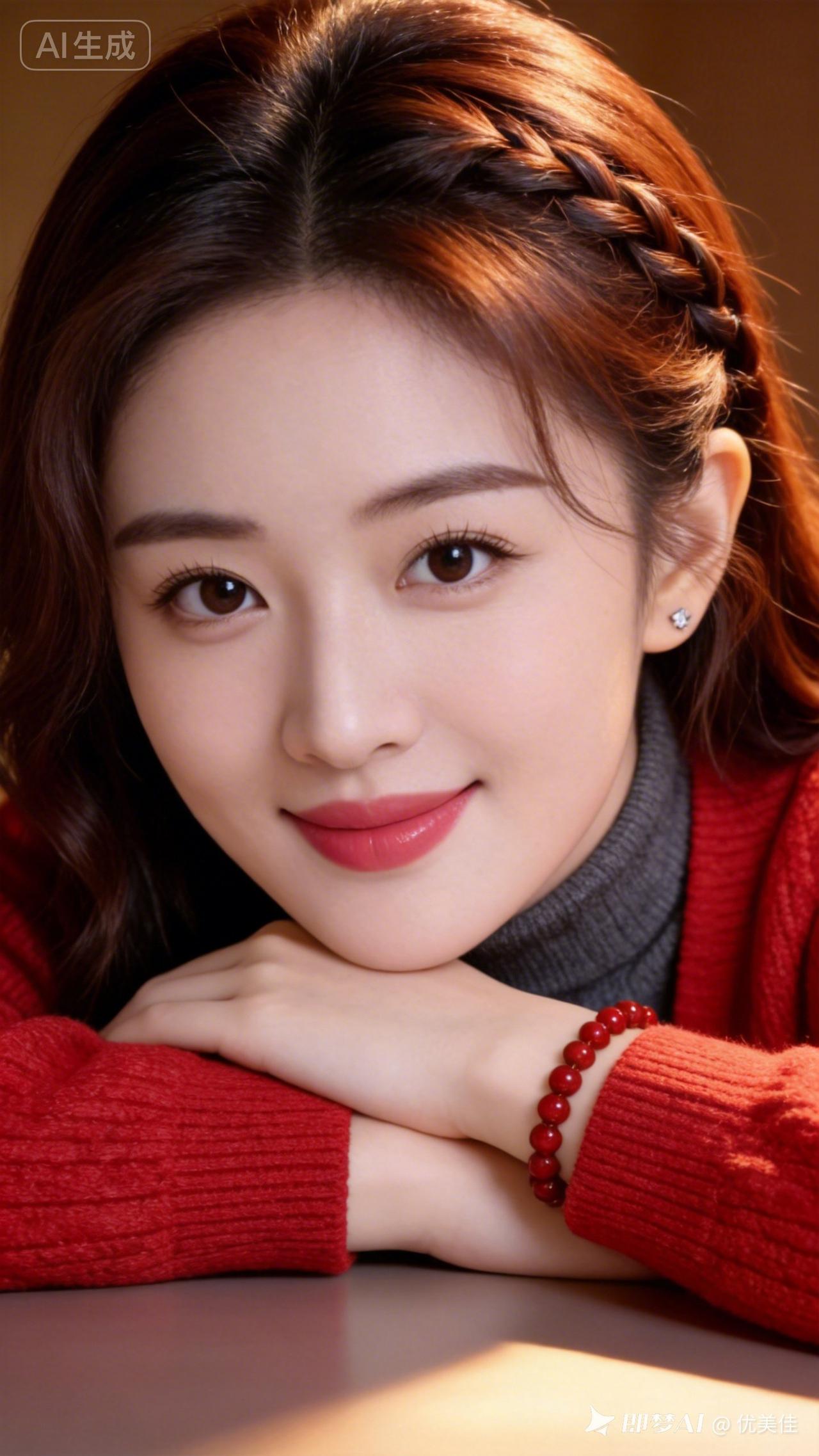 冬日暖阳下的甜美笑容，红衣少女心绽放！🌞💕