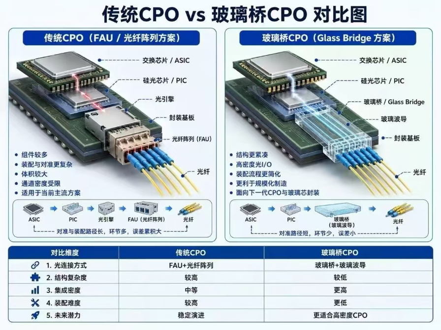 周末聊康宁玻璃桥、替代光互联的很多，但都认为不会影响CPO组装厂。不过玻璃桥降低