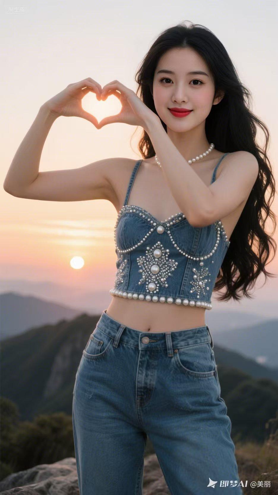 朝阳漫洒柔和金光，少女抬手轻捧心形，温柔将晨光天地尽数框入眼底。眉眼温婉清丽，周