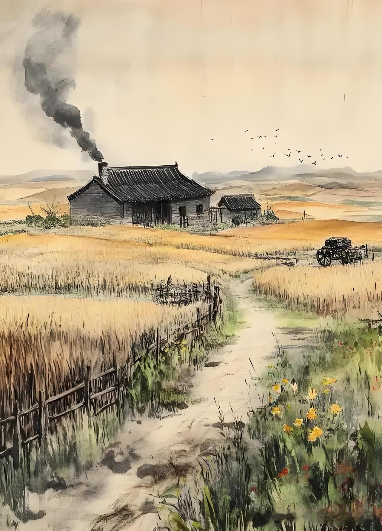 《野店》
——清.缪公恩
柳浪青青麦浪黄，
山风吹雨湿衣裳。
微尘不起茆檐洁，