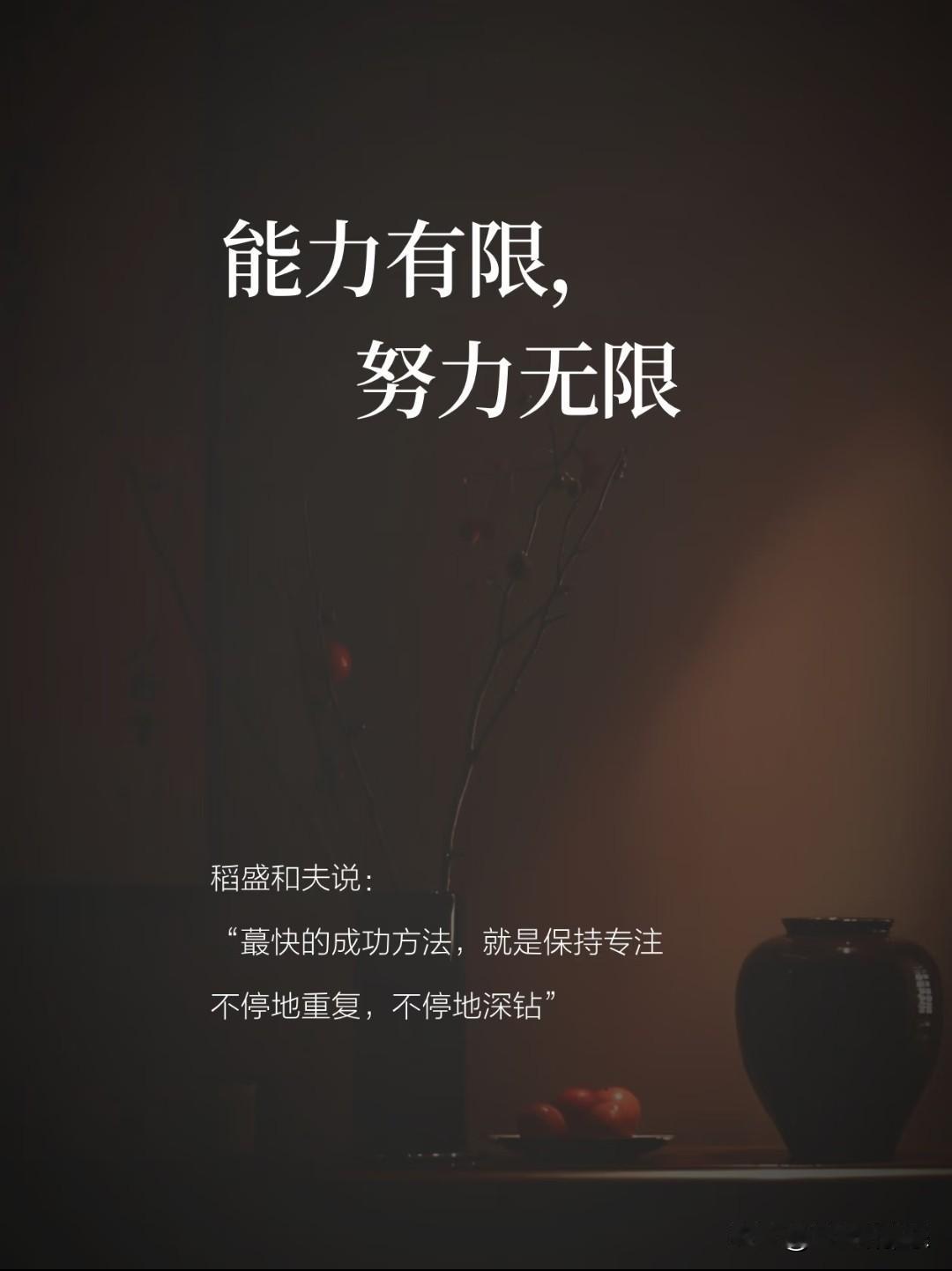 能力有限，
努力无限。
 
稻盛和夫说：
“最快的成功方法，
就是保持专注，
不