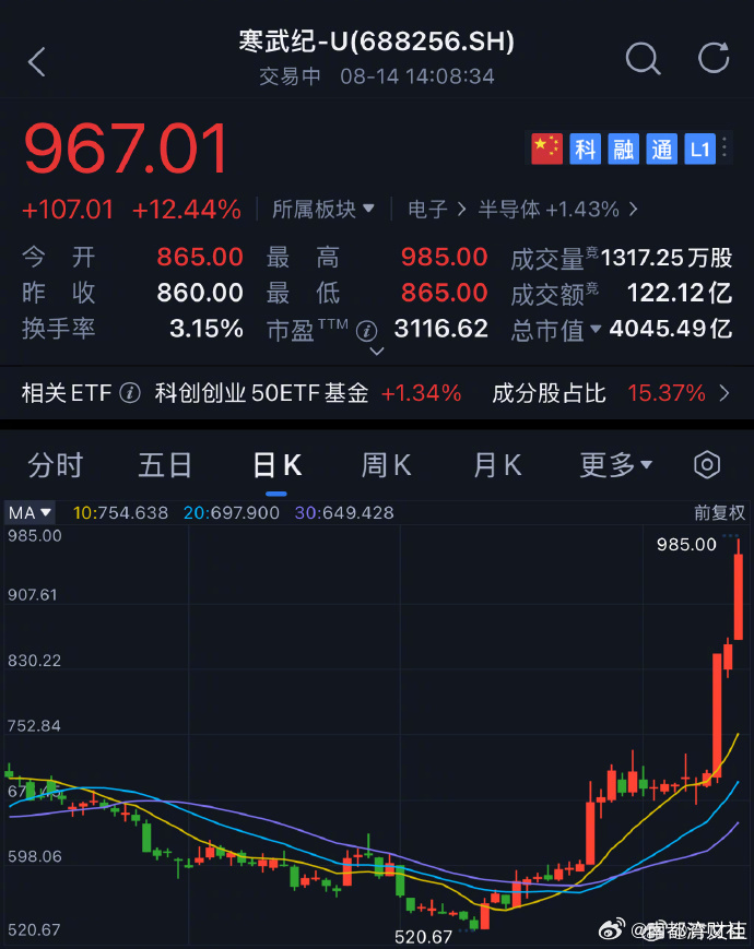 【#寒武纪涨疯了# 股价大涨10.35％，续创历史新高】#寒武纪总市值突破400