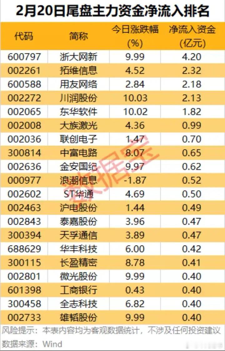 2月20日尾盘主力资金净流入排名:AI医疗产业链梳理:以下图表展示的股票不构成投