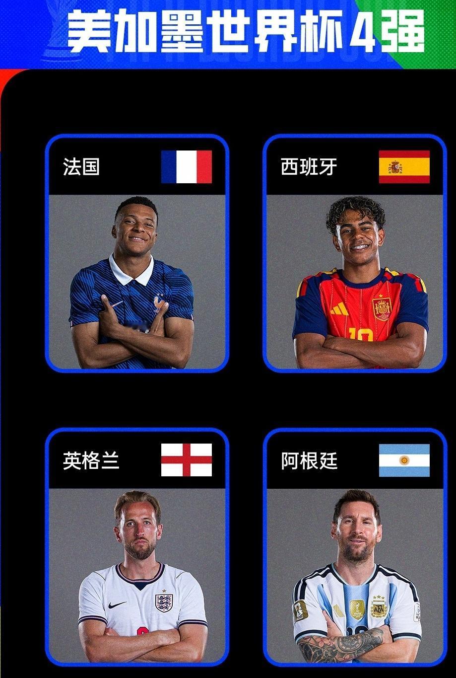 世界杯半决赛就要开始了。
 7月15日 03:00 法国 VS 西班牙（达拉斯A