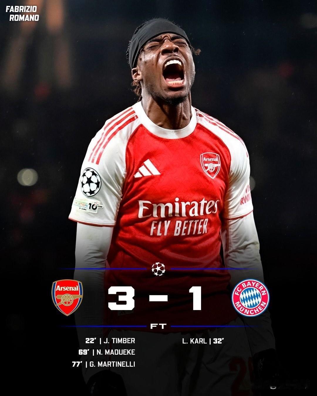 真的是不可战胜的，阿森纳3-1完胜拜仁剑指欧冠冠军!

在阿森纳与拜仁的欧冠焦点