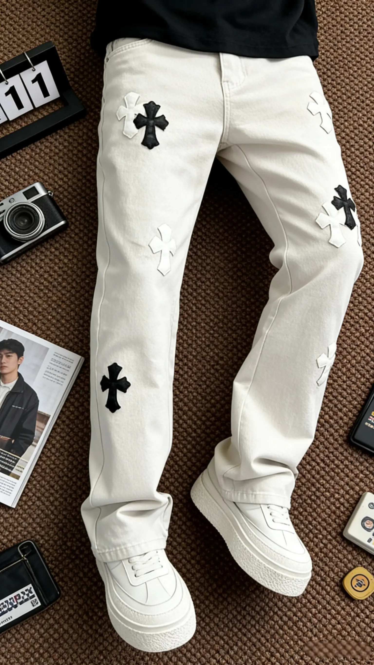 谁能拒绝这款美式潮牌cleanfit十字架贴布牛仔裤男款微喇裤子春秋直筒休闲裤潮