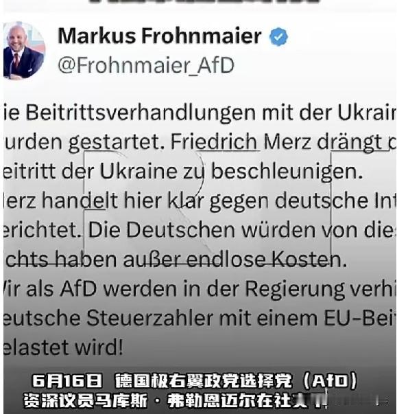 6月16日，德国极右翼政党选择党（AfD）资深议员马库斯·弗勒恩迈尔在社交平台X