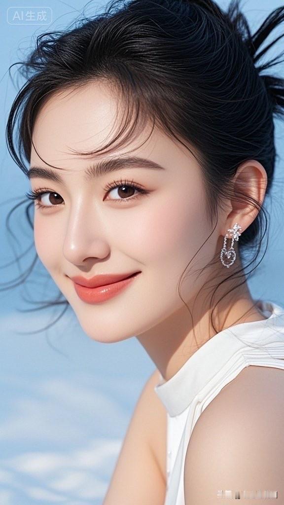 温柔甜美的少女，白皙肌肤，大眼睛，清新自然。