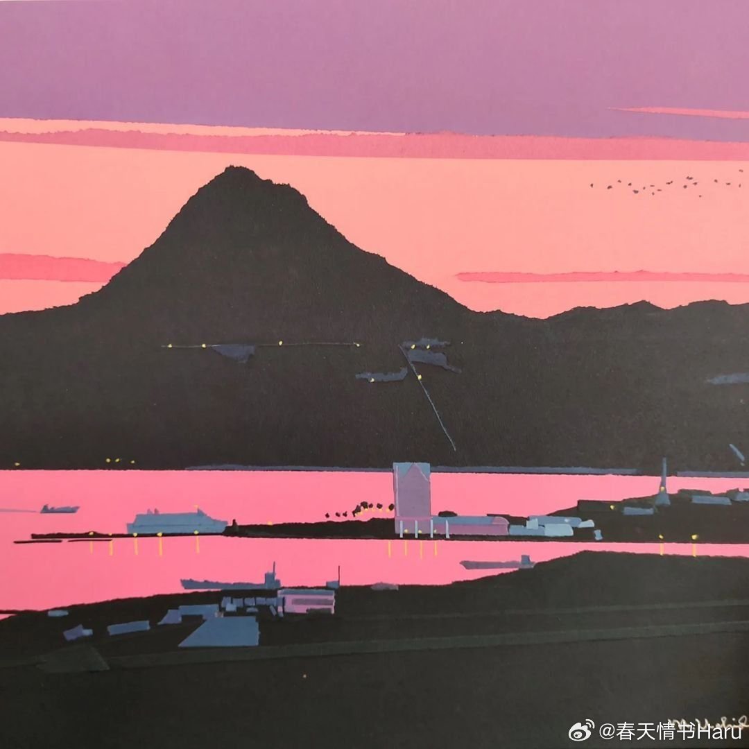 一组内田正泰的彩纸拼接设计的风景画 ​​​