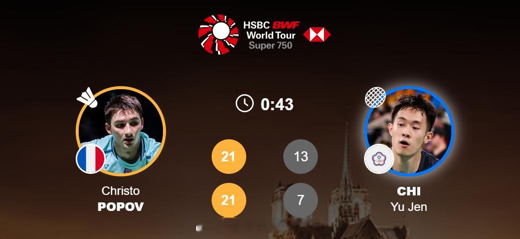 男单 1/4赛 小波波夫(8) 21-13 21-7 戚又仁2025年法国羽毛球