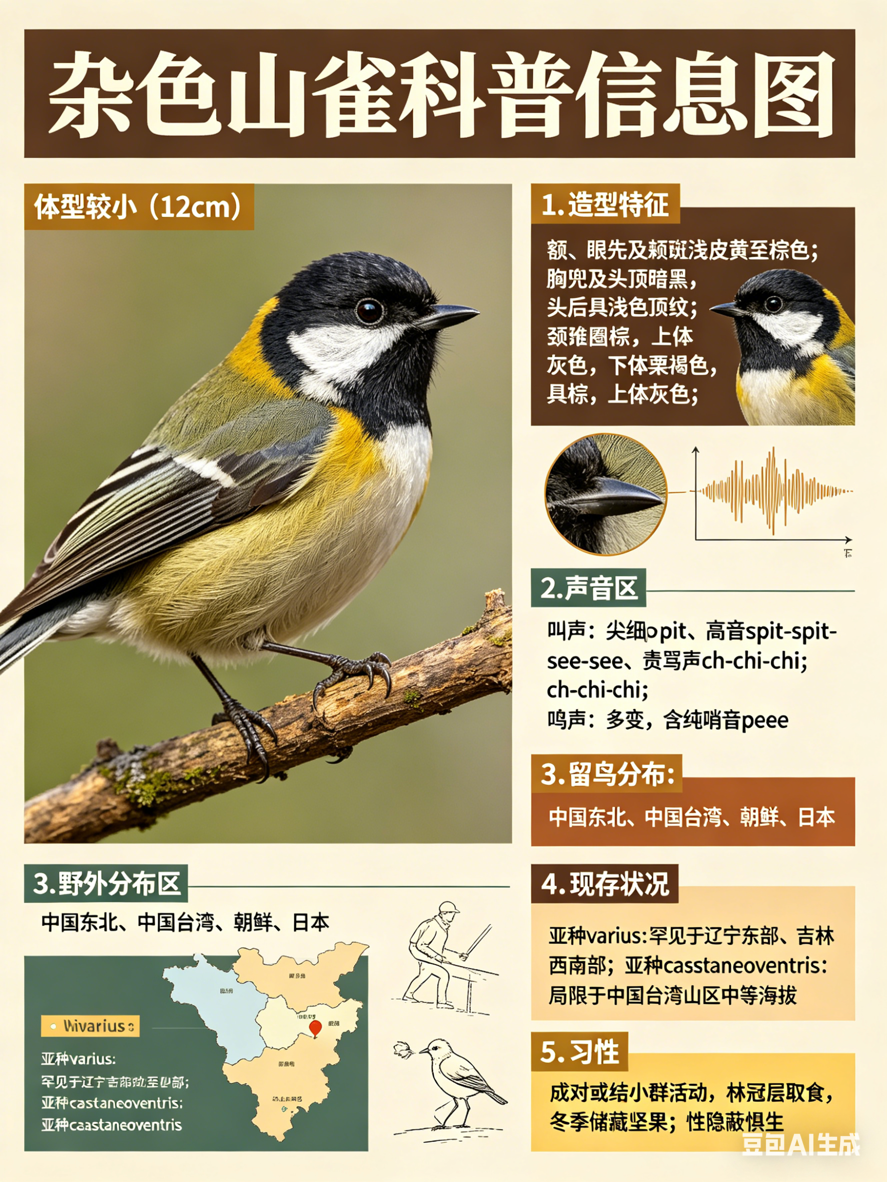 鸟类朋友图鉴 杂色山雀·科属：雀形目，山雀科。·外形特征：体型较小（12cm）且