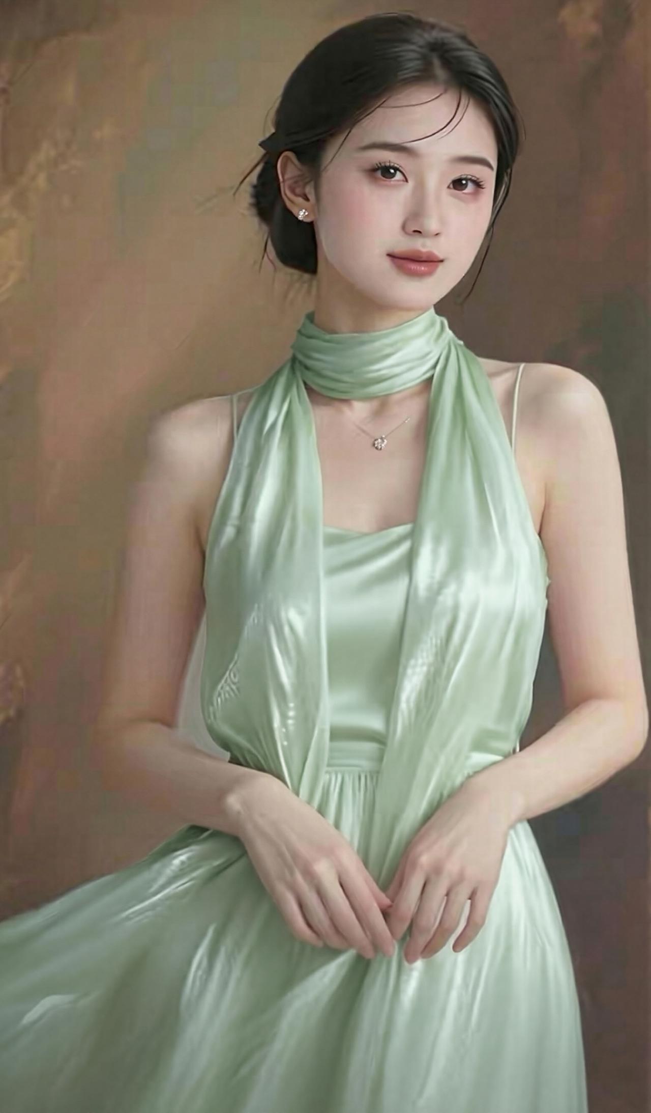 这组照片中的女子气质清冷出尘，宛如古典画卷中走出来的仕女。
她身着一袭挂脖式流光